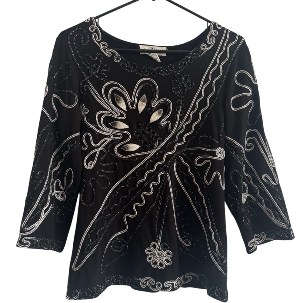 Once Again Black Silver Embroidered Glam 3/4 Sleeve Blouse Size Medium